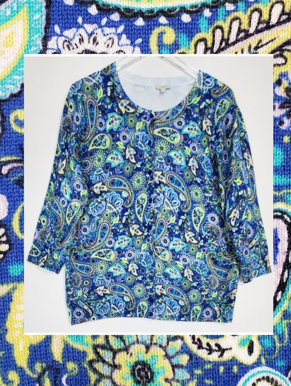 Talbots 2X paisley button knit cardigan sweater 3/4 sleeves blue bohemian layer